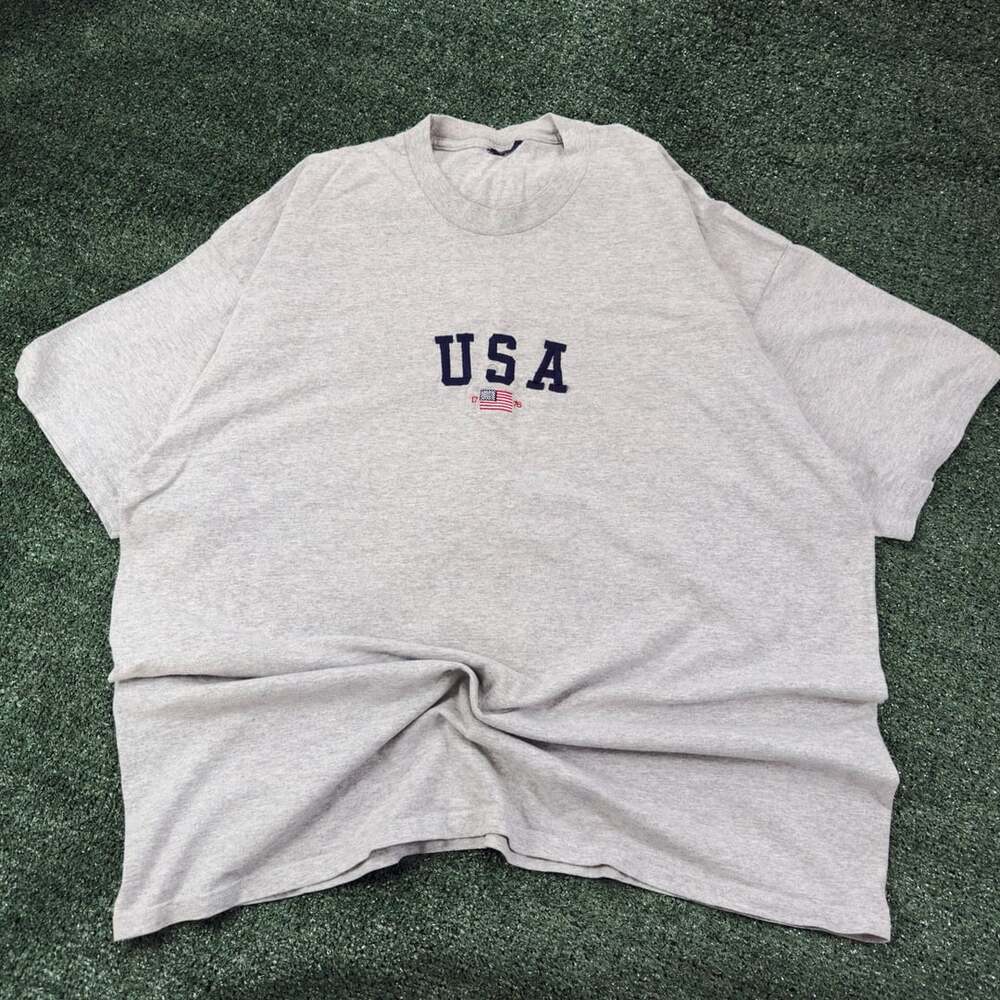 Vintage USA Embroidered T-Shirt Grey Cotton